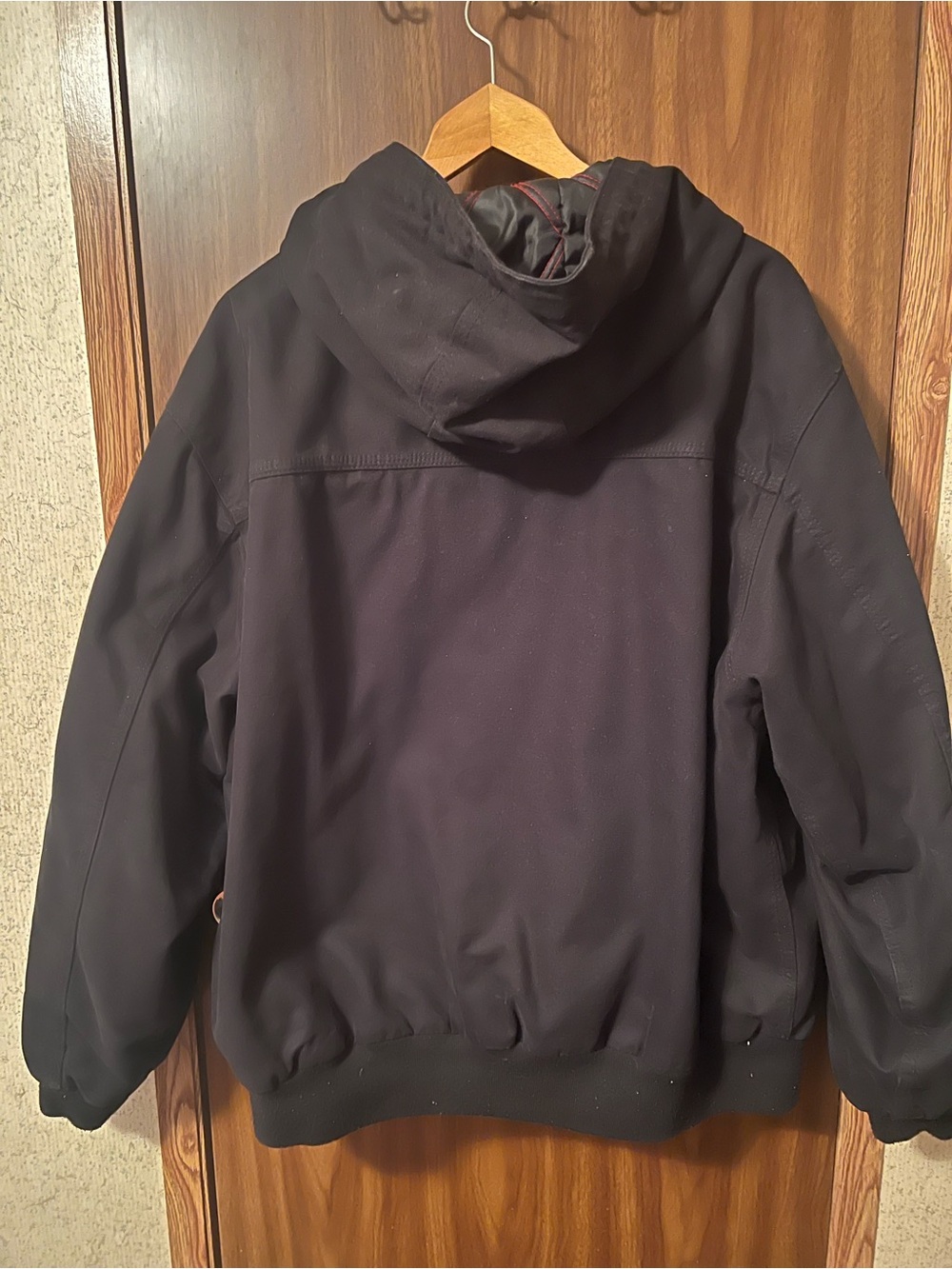 Snap-on Black Hooded Bomber Jacket with Red Embroidery - Picture 5 of 5